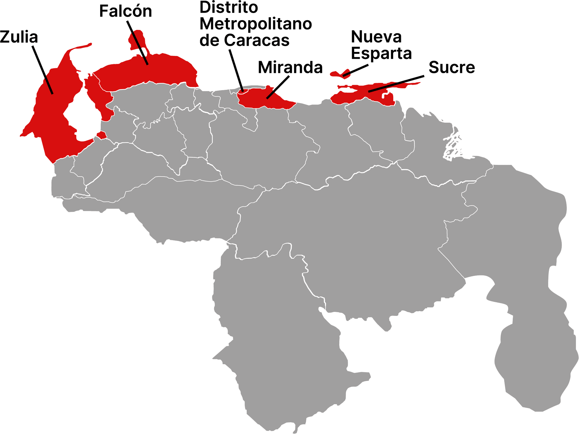 Mapa de venezuela con zonas seleccionadas